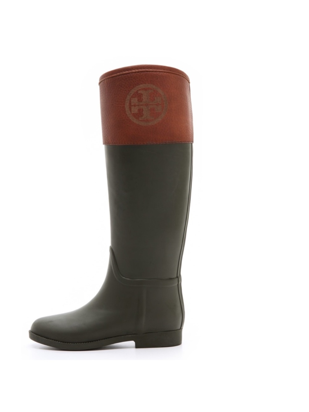 Tory Burch Brown and Black Leather Rubber Riding Rain Boot Size 11